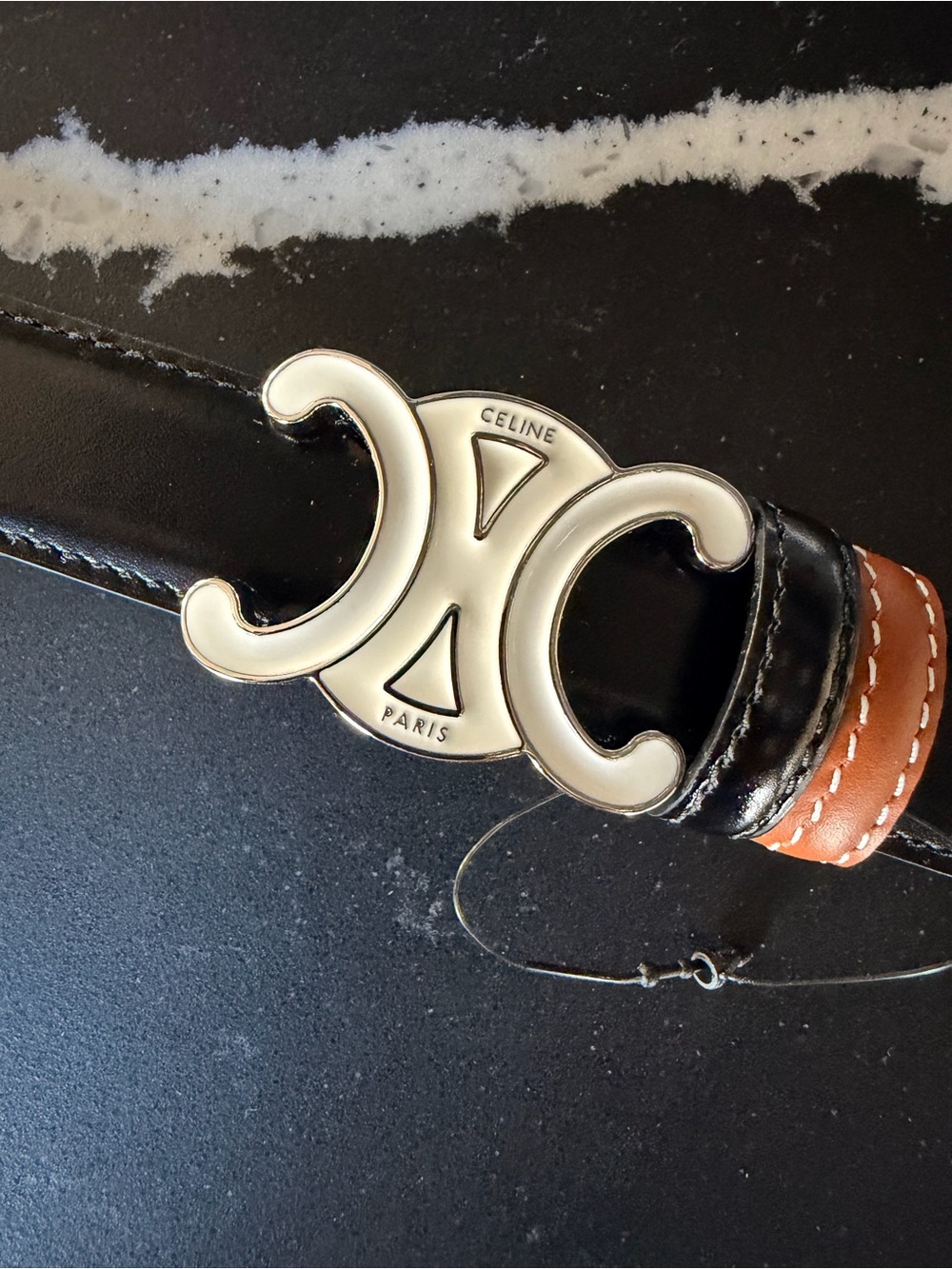 Celine Black Leather Belt with Silver Double C Buckle and Tan Trim